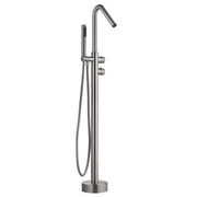 Outdoor freestanding tub faucet in brushed nickel with handheld shower and floor mounted design