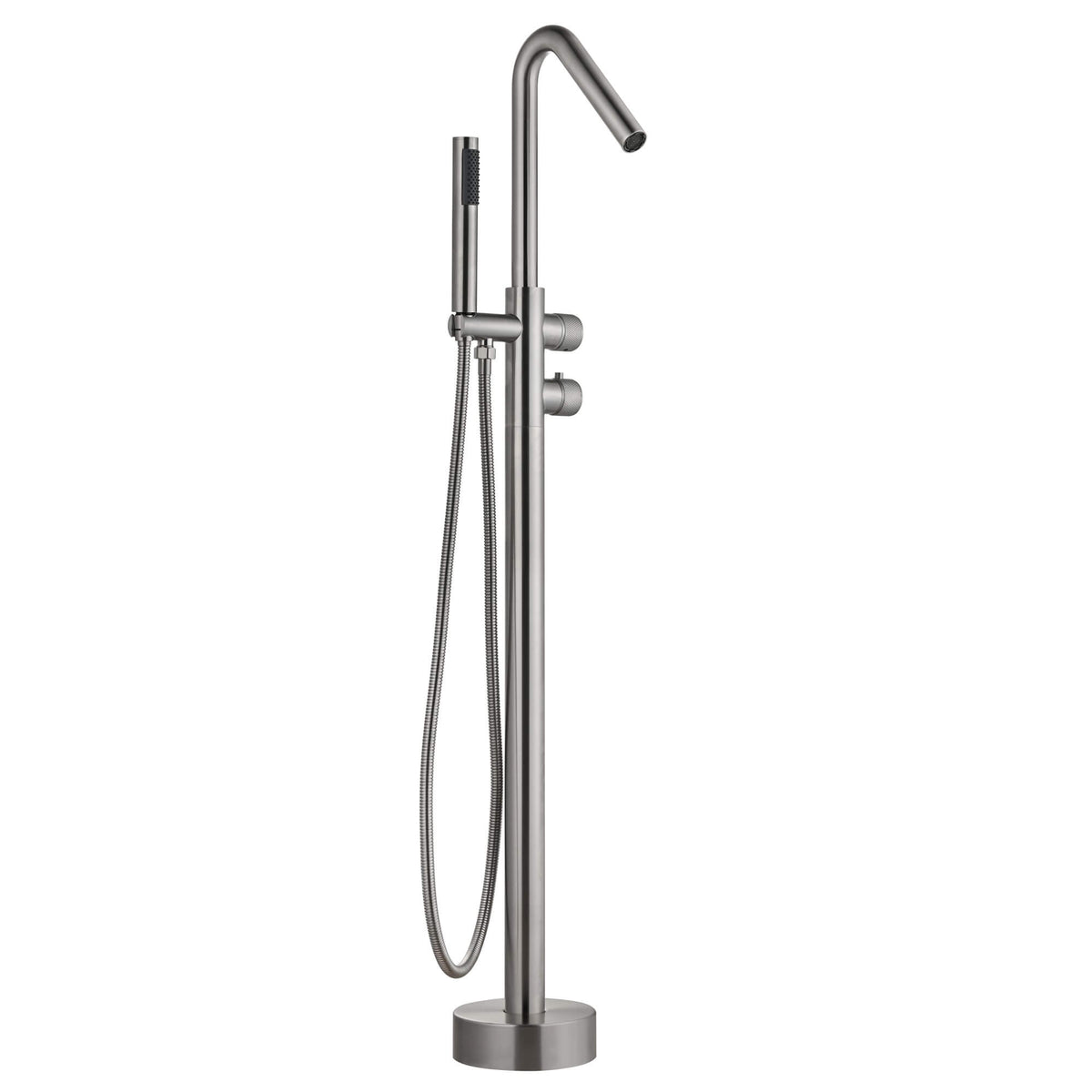 Outdoor freestanding tub faucet in brushed nickel with handheld shower and floor mounted design
