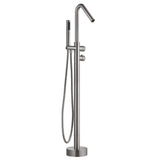 Outdoor freestanding tub faucet in brushed nickel with handheld shower and floor mounted design
