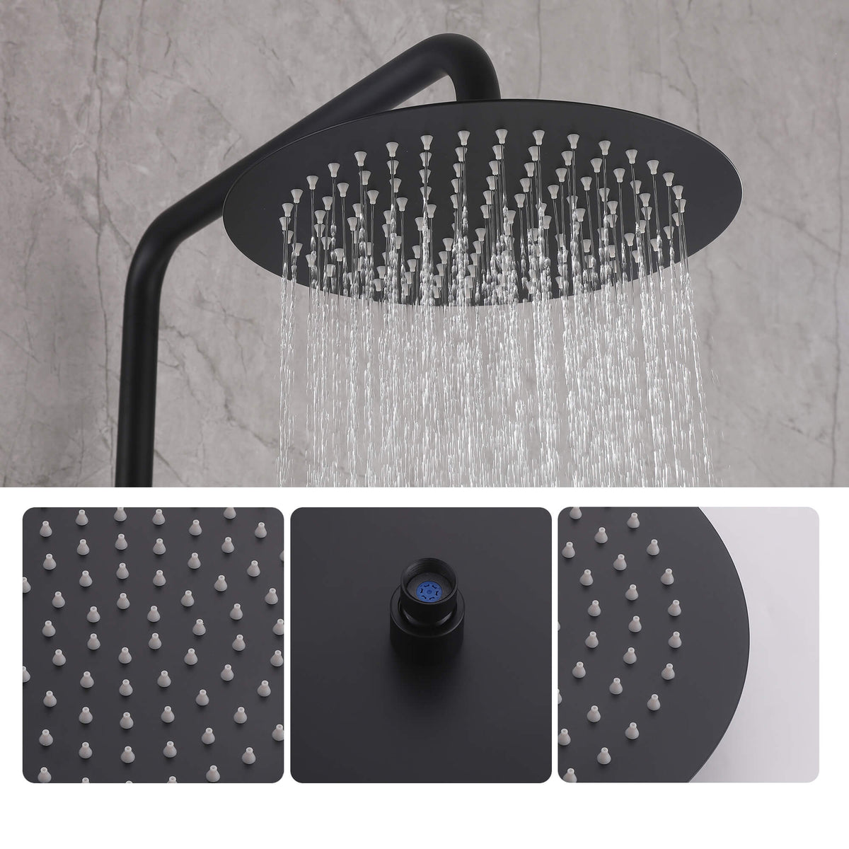 Round rainfall shower head with easy-clean silicone nozzles for matte black outdoor shower system