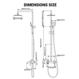 Dimension diagram for matte black wall-mounted outdoor shower set with rain head and handheld shower