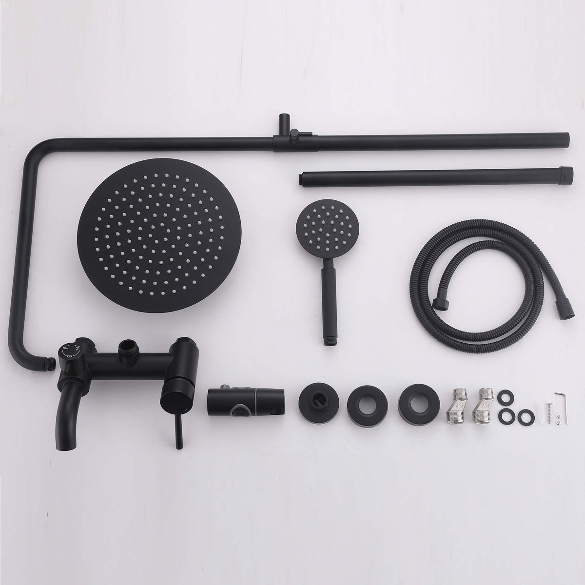 Matte black outdoor shower set parts including rain shower head, handheld shower, hose, mixer body, and mounting hardware