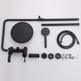 Matte black outdoor shower set parts including rain shower head, handheld shower, hose, mixer body, and mounting hardware