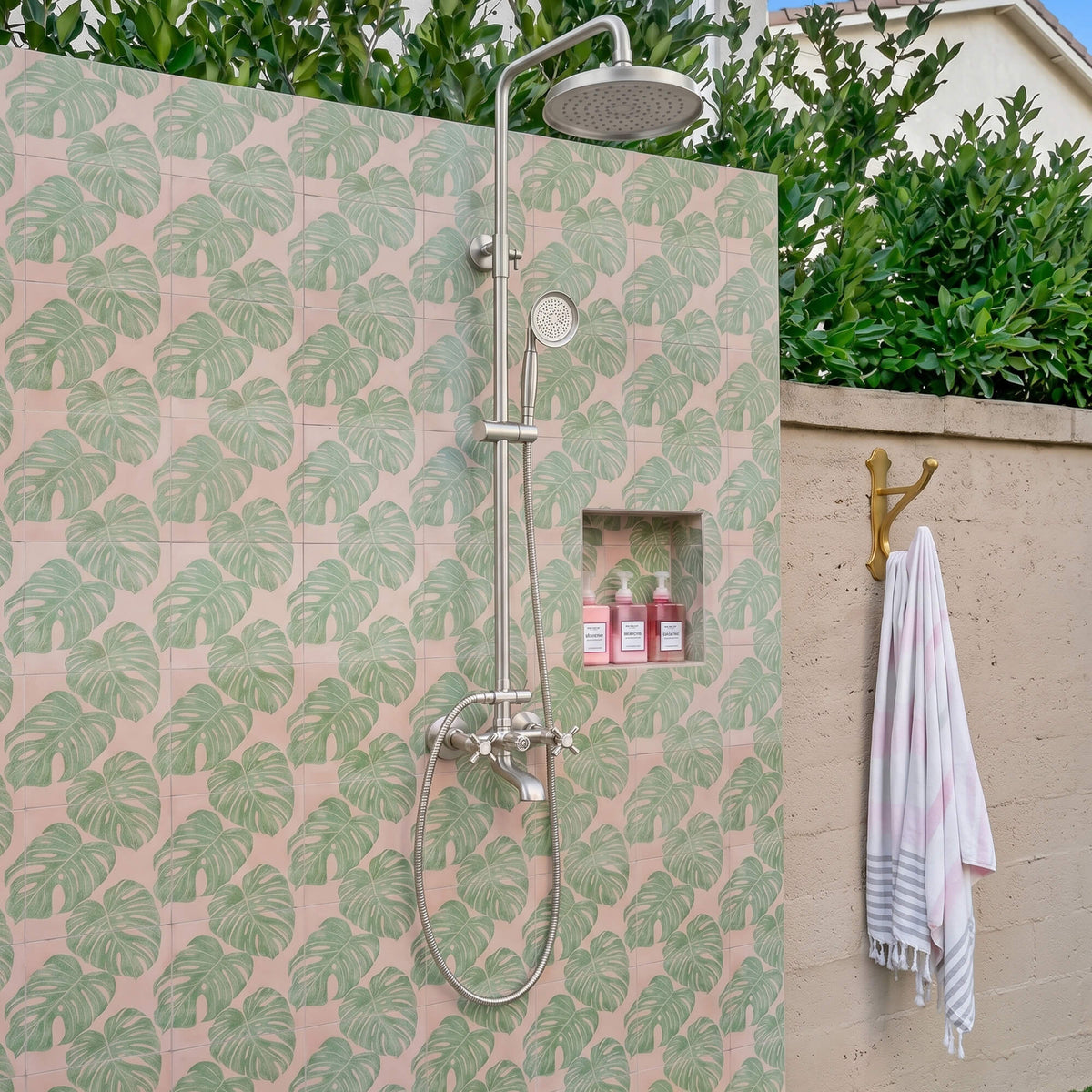 Antique Brass Outdoor Shower with Rainfall Head, Handheld Shower & Tub Spout