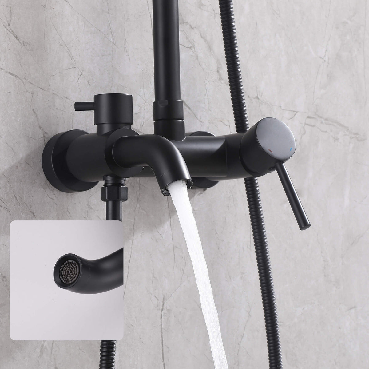 Close-up of outdoor shower tub spout with aerated water outlet for smooth rinsing