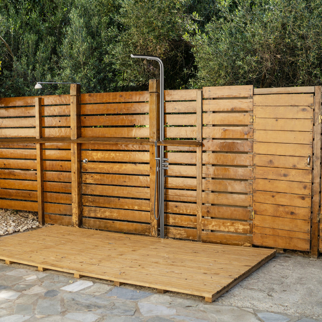 outdoor shower with wood wall