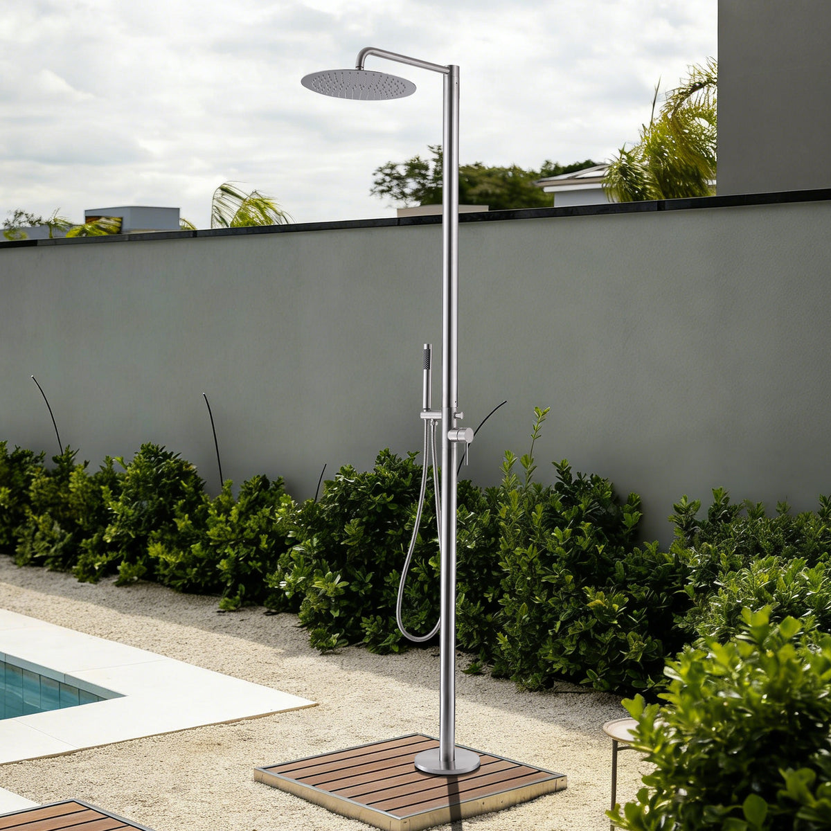 304 Stainless Steel Freestanding Outdoor Shower with Rain Shower and Handheld Shower Head