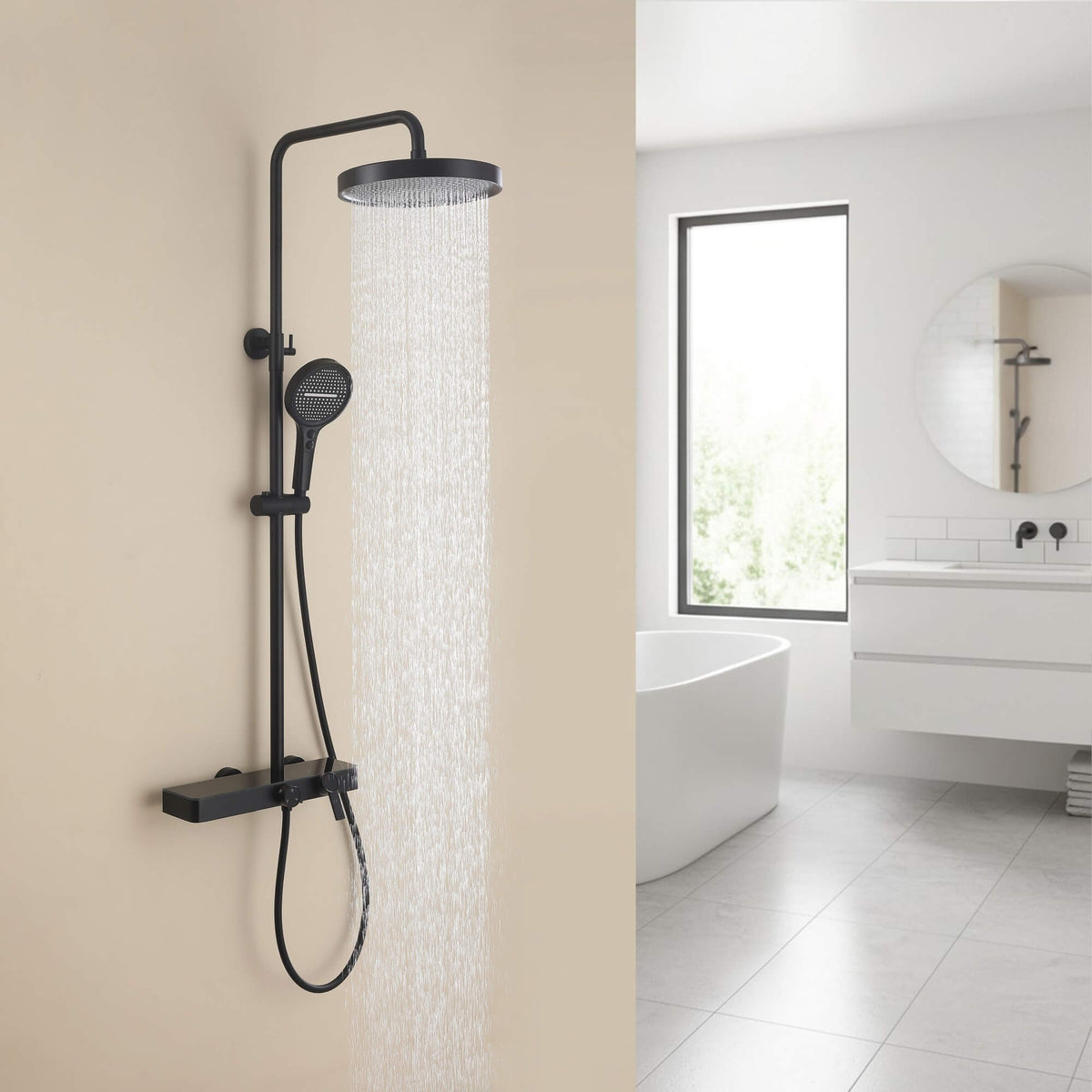 Exposed 3-Function Rain Shower Column with Shelf & Waterfall Tub Filler