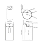 Technical drawing with dimensions of a modern freestanding pedestal sink, round white basin, 450mm diameter and 900mm height.