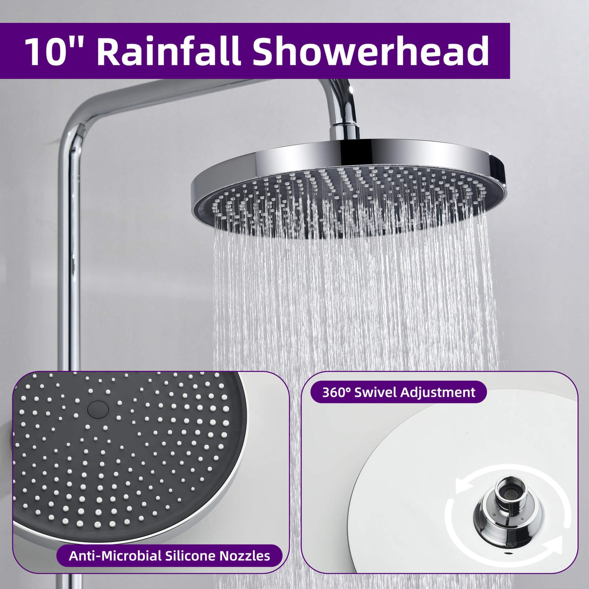 3-Function Exposed Stainless Steel Rain Shower Column with Waterfall Tub Filler