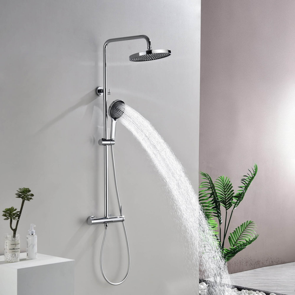 3-Function Exposed Stainless Steel Rain Shower Column with Waterfall Tub Filler