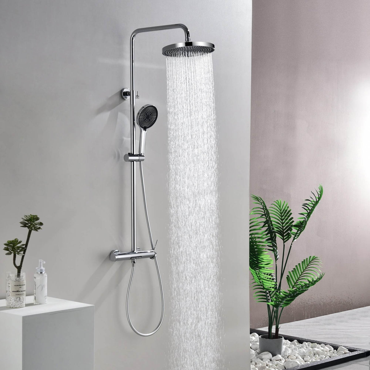 3-Function Exposed Stainless Steel Rain Shower Column with Waterfall Tub Filler