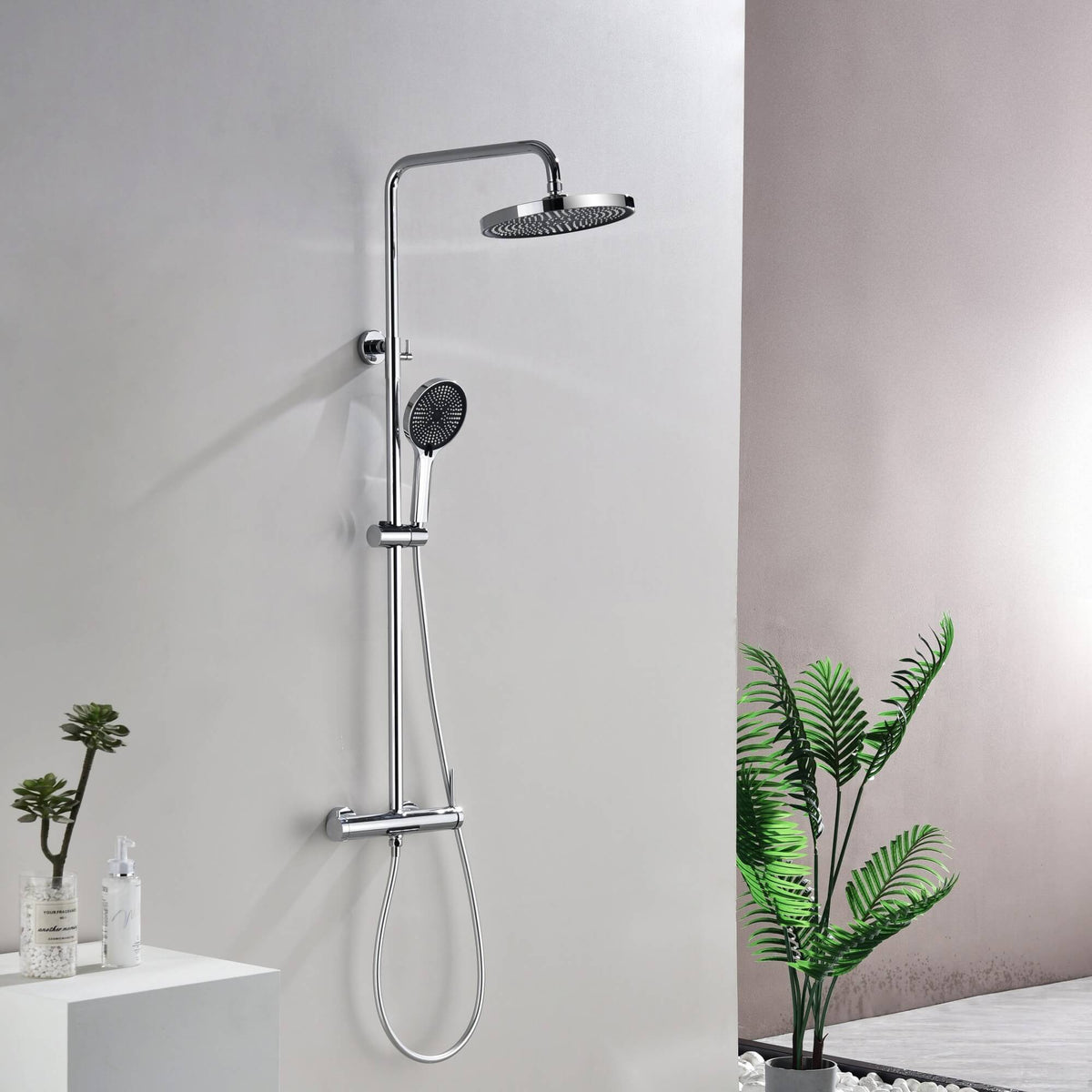3-Function Exposed Stainless Steel Rain Shower Column with Waterfall Tub Filler