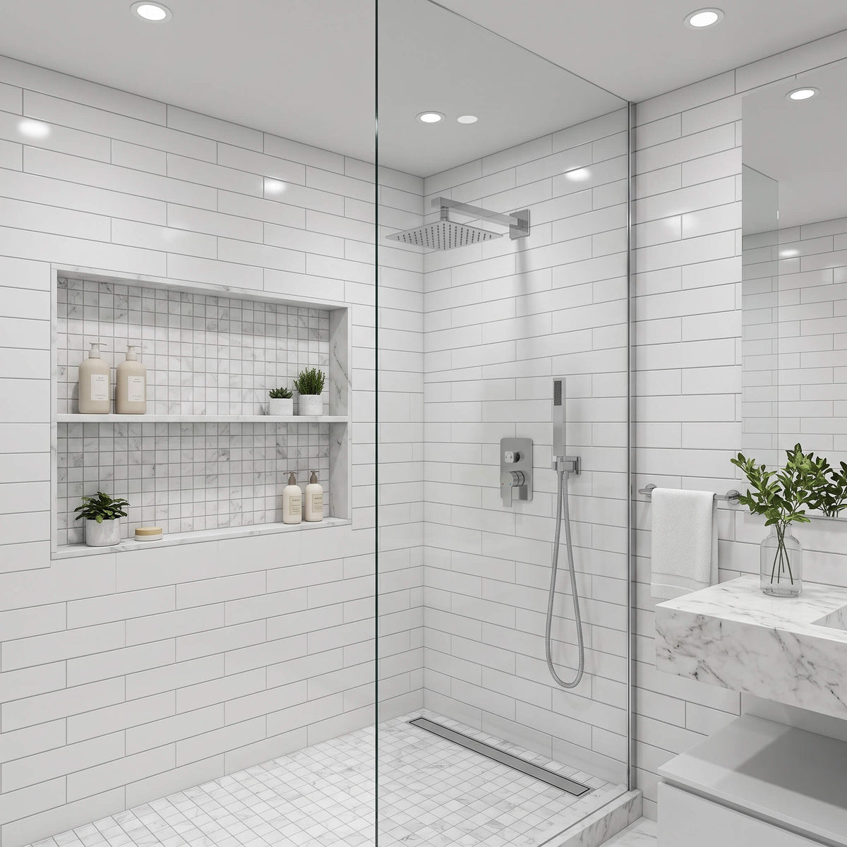 Polished chrome rain shower system installed in modern bathroom with square rainfall shower head and handheld shower