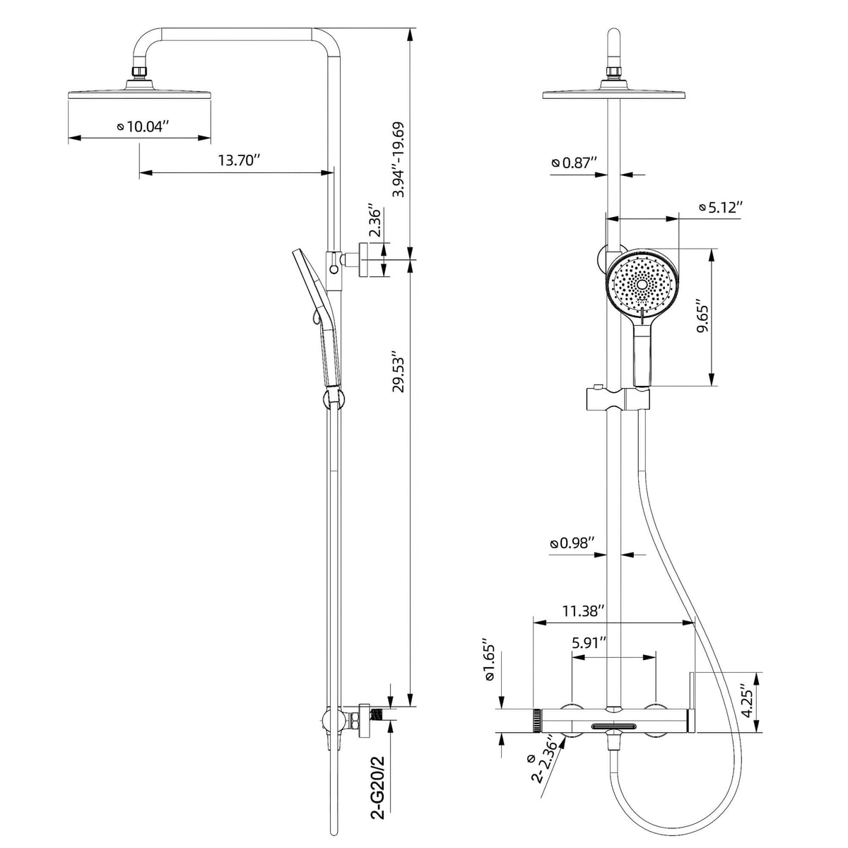 3-Function Exposed Stainless Steel Rain Shower Column with Waterfall Tub Filler