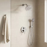 Modern wall-mounted shower set featuring a round overhead spray, matching hand shower and concealed dual-control valve
