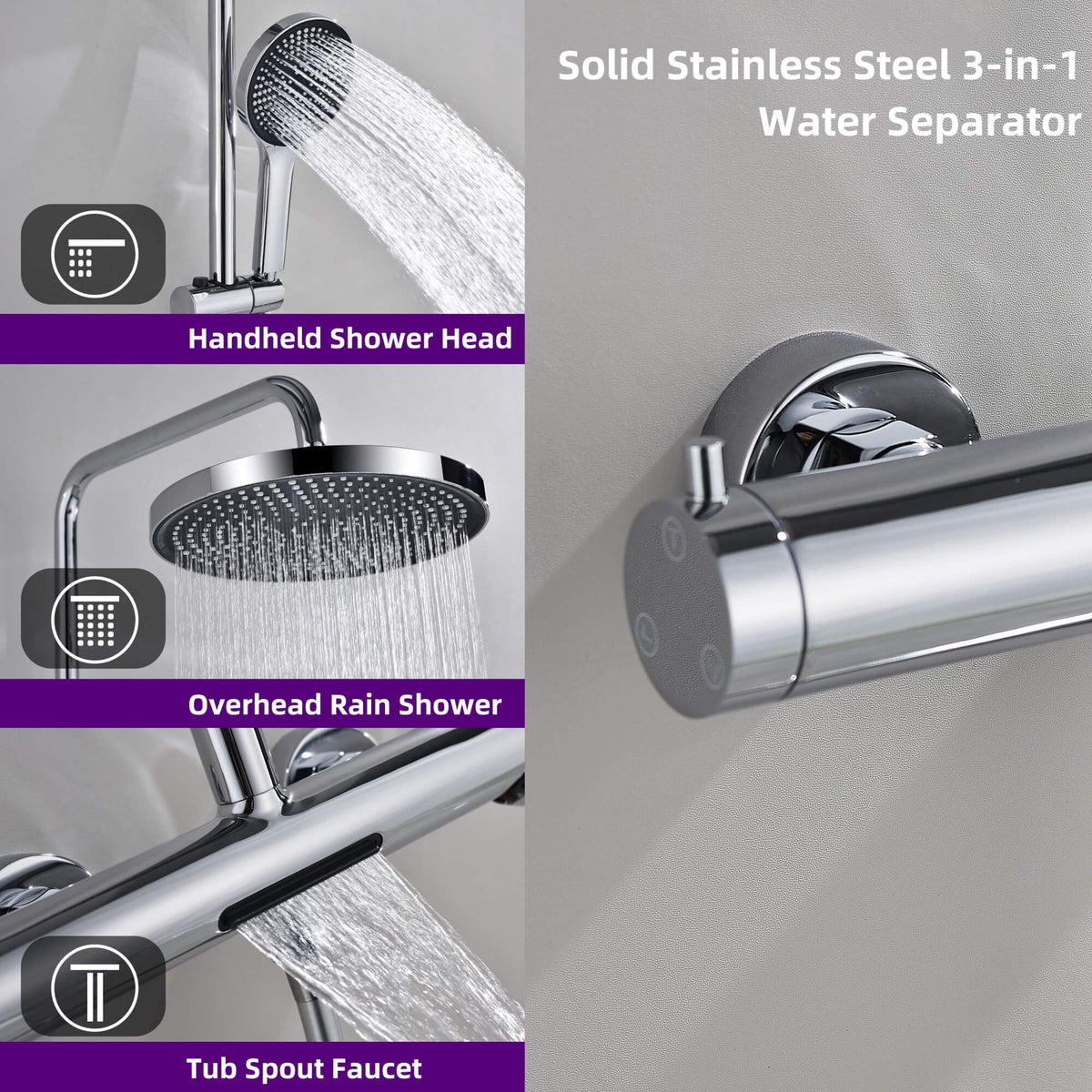 3-Function Exposed Stainless Steel Rain Shower Column with Waterfall Tub Filler