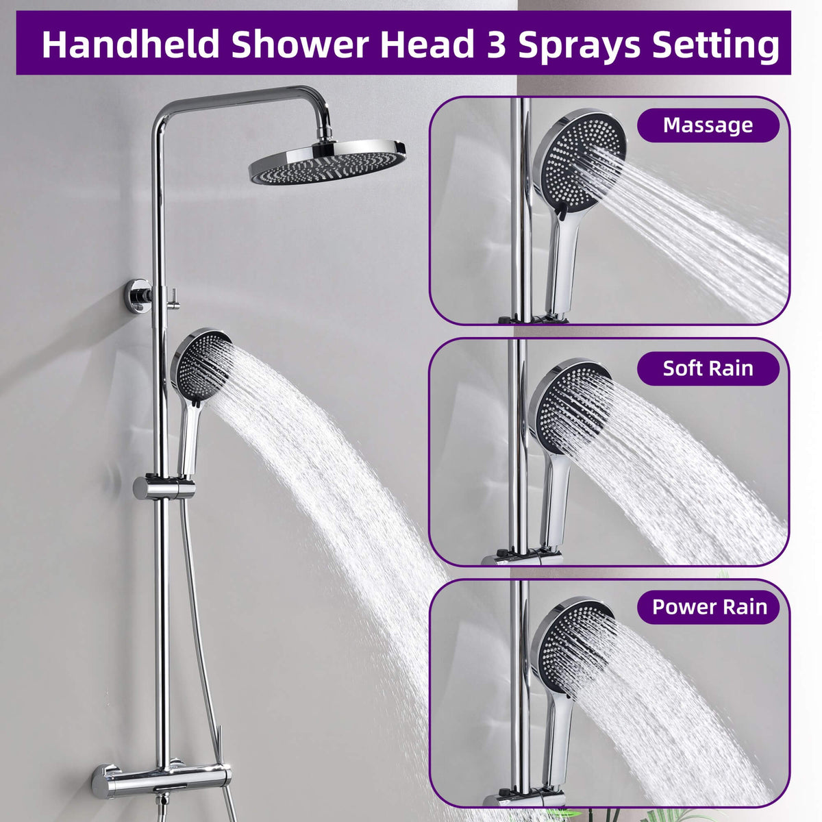 3-Function Exposed Stainless Steel Rain Shower Column with Waterfall Tub Filler