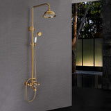 Polished gold exposed shower system installed on a dark gray bathroom wall