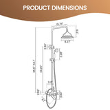 Dimensions of a polished gold exposed shower system with rain shower, hand shower, and tub spout