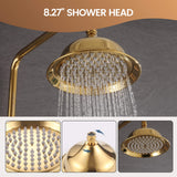 Close-up of an 8-inch polished gold rain shower head with easy-clean spray nozzles