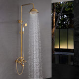Polished gold overhead rain shower delivering a wide stream of water