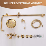 Polished gold exposed shower system kit with rain shower head, hand shower, hose, mixer faucet, and mounting hardware