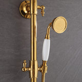 Vintage-style polished gold handheld shower with a decorative white handle