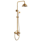 Polished gold wall-mounted shower system with overhead rain shower, handheld shower, and tub faucet