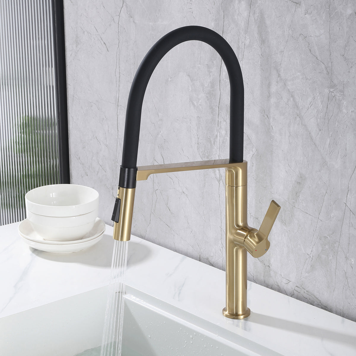 Pull-down kitchen faucet in spray mode with flexible black hose and single handle