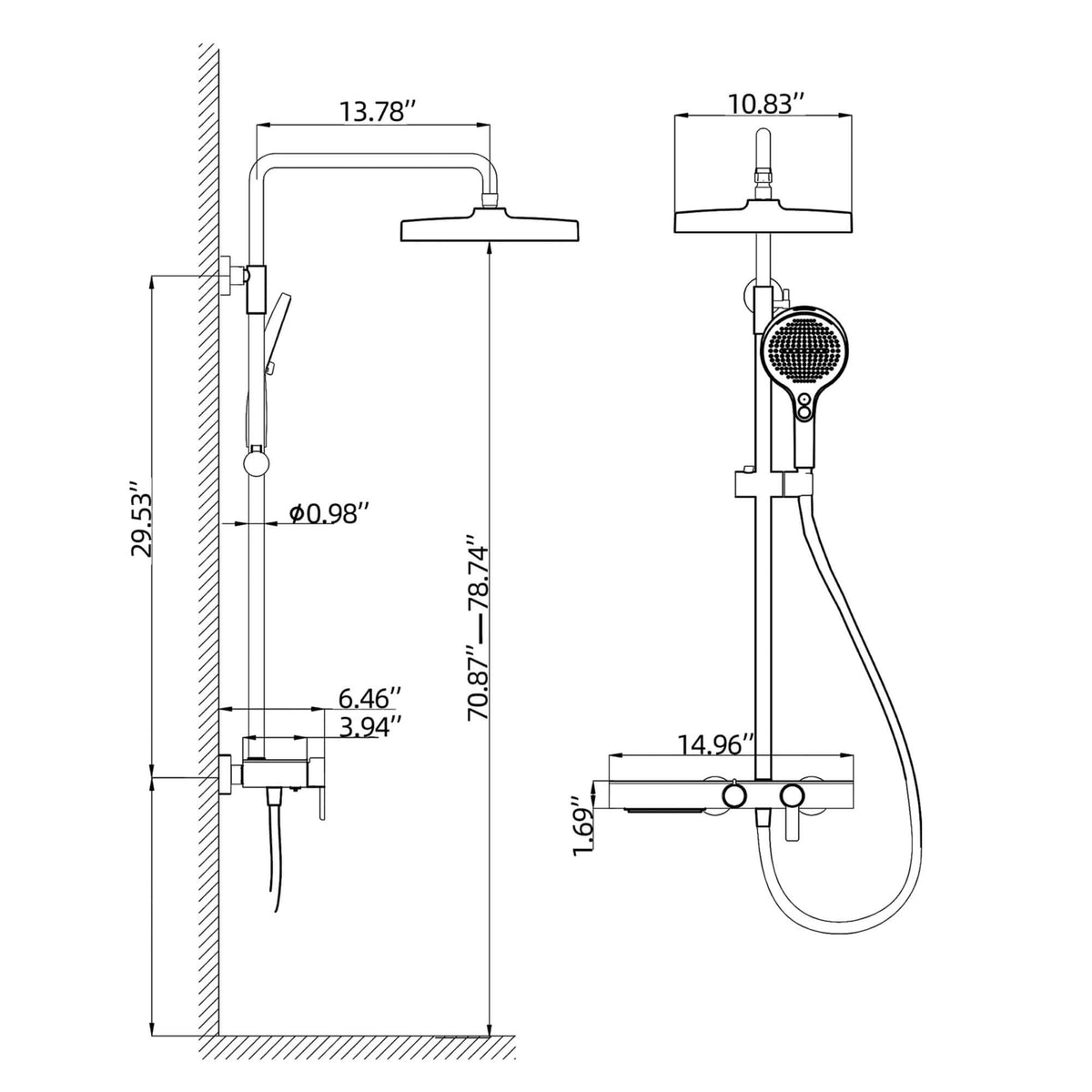 Exposed 3-Function Rain Shower Column with Shelf & Waterfall Tub Filler