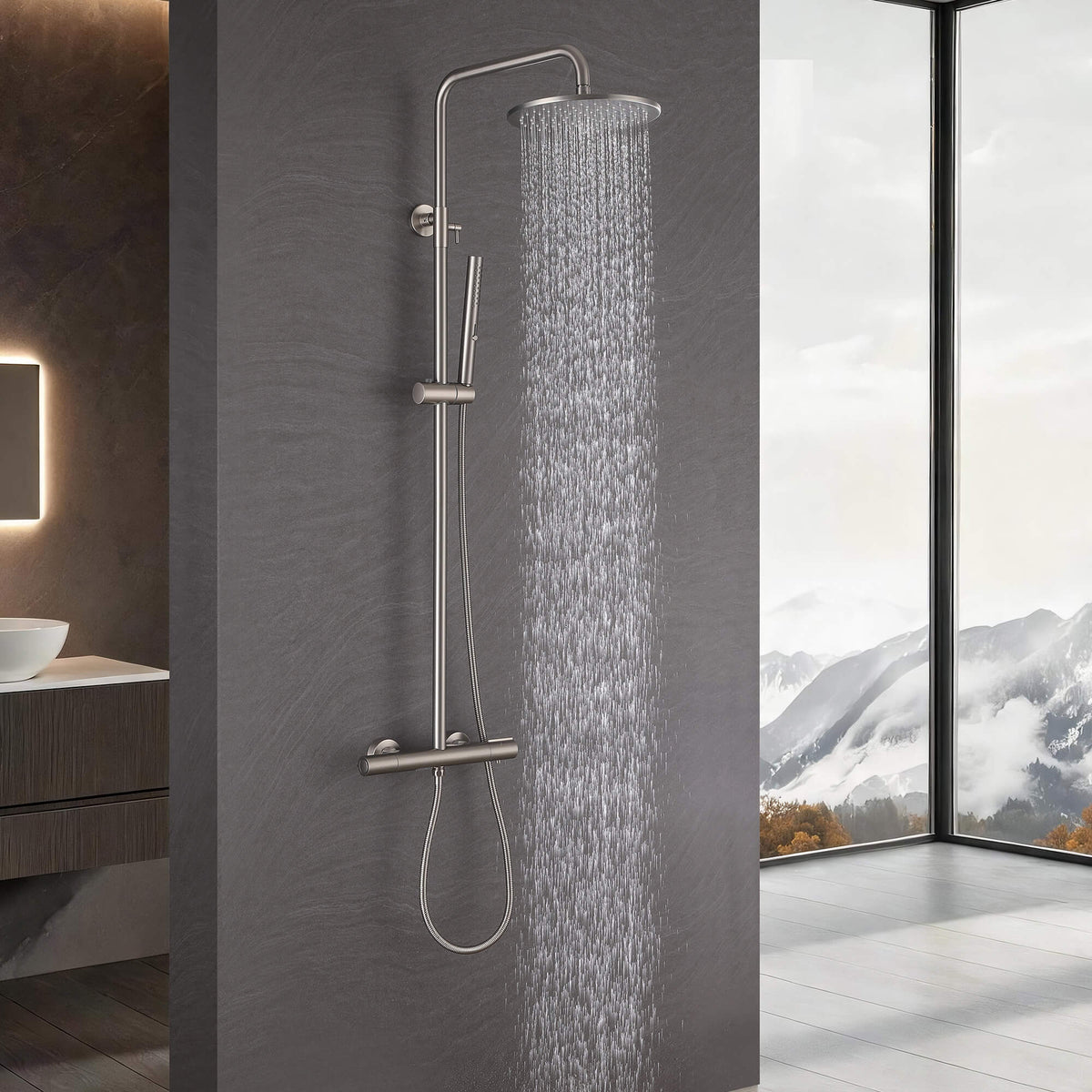 Brushed nickel thermostatic rain shower system delivering wide overhead water coverage
