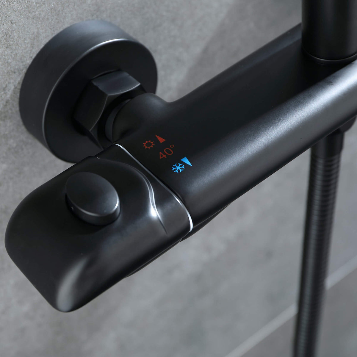40°C safety temperature control on a matte black thermostatic shower mixer