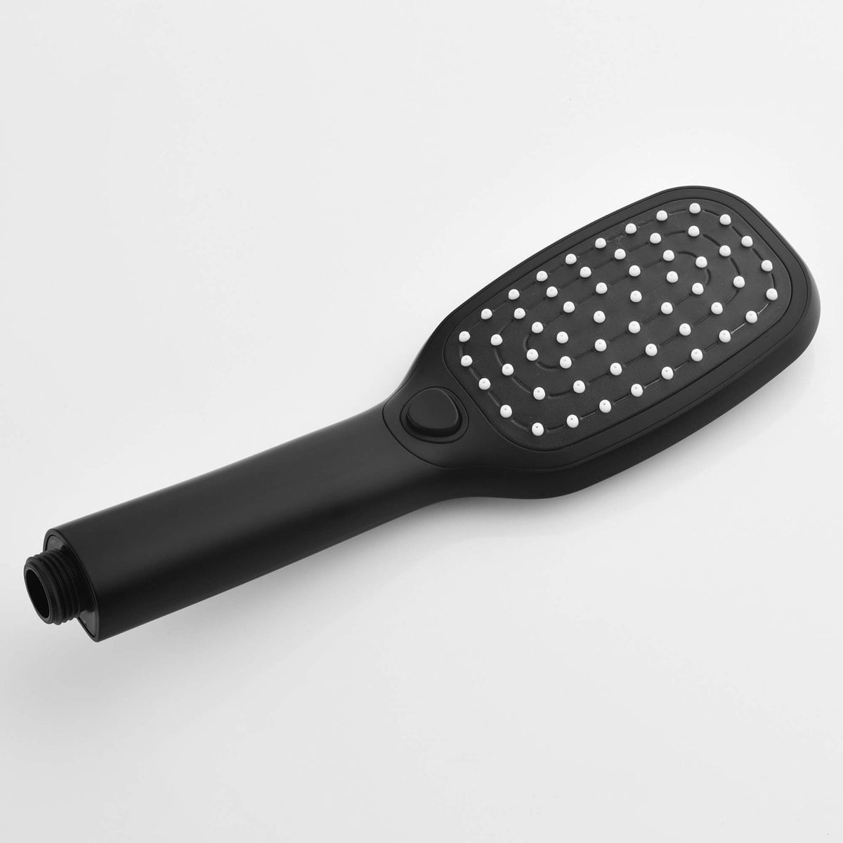 Matte black handheld shower head front view with evenly arranged silicone spray nozzles
