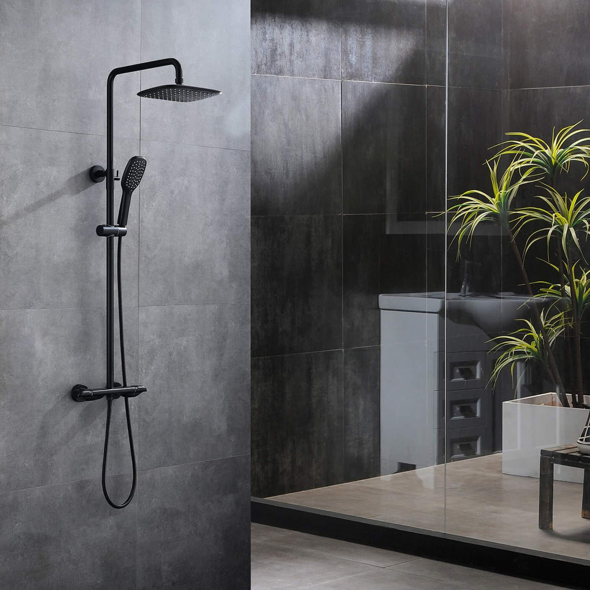 Matte black thermostatic shower system with square rainfall head and handheld shower in a modern bathroom
