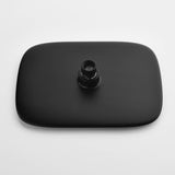 Back view of square matte black rain shower head with threaded water inlet