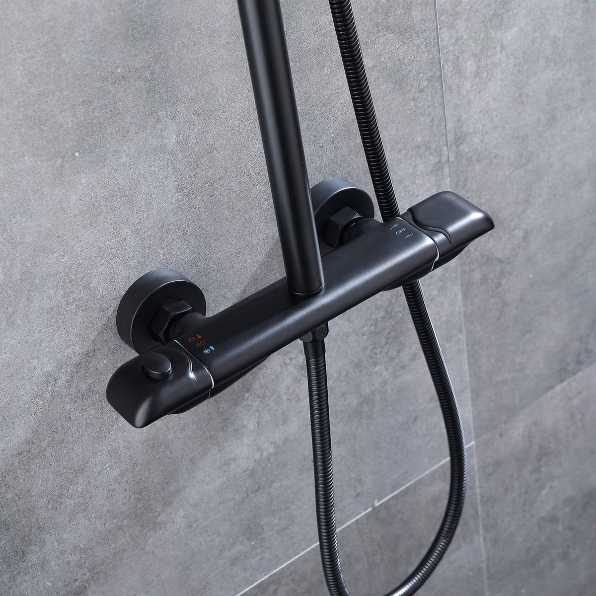 Matte black thermostatic shower mixer bar with 40°C safety stop and dual shower outlets