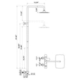 Dimension drawing for the RB0839 wall-mounted matte black thermostatic rainfall shower system