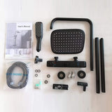 Complete matte black thermostatic shower system kit with rain head, hand shower, rail and installation fittings