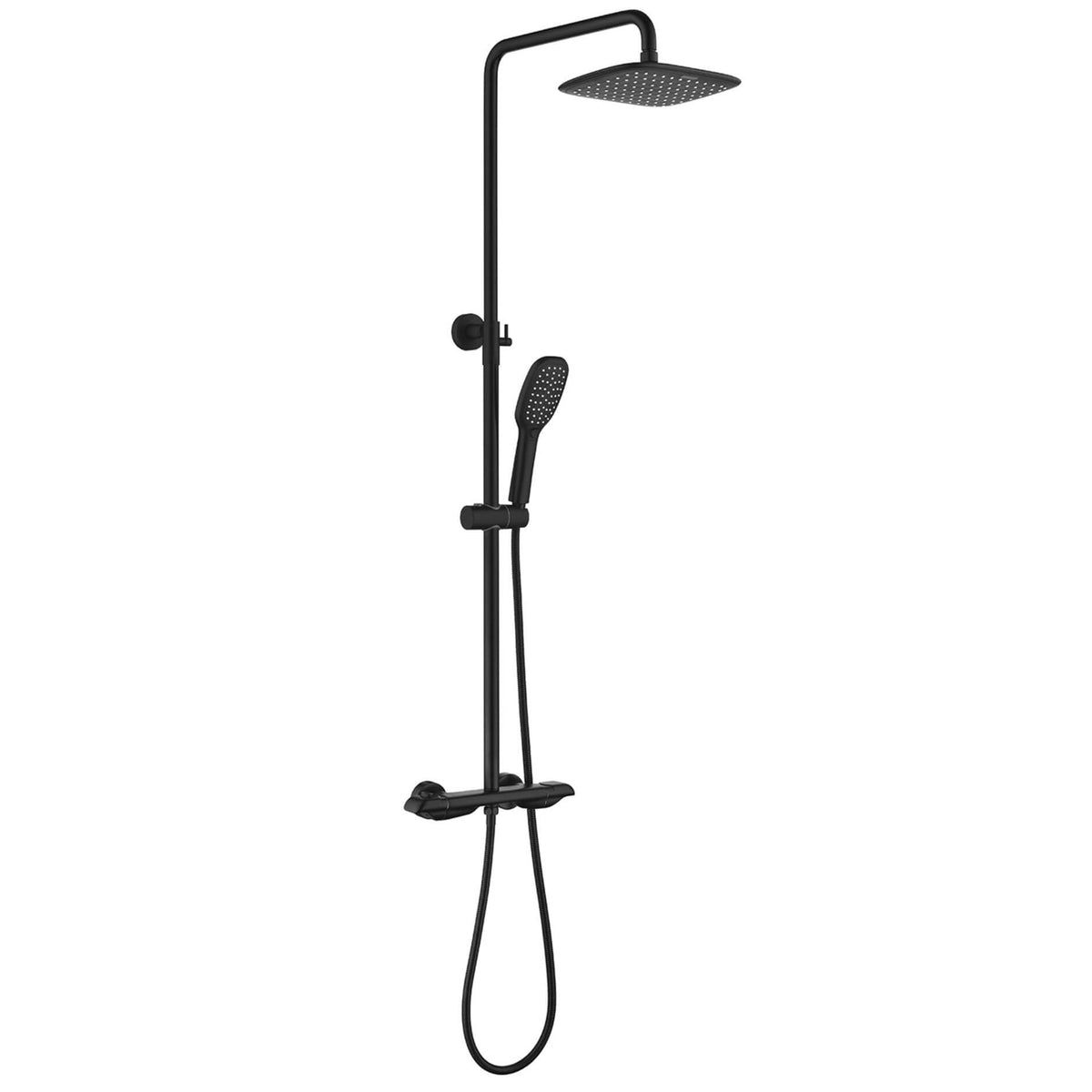 Full wall-mounted matte black thermostatic rainfall shower system with rain head and handheld shower