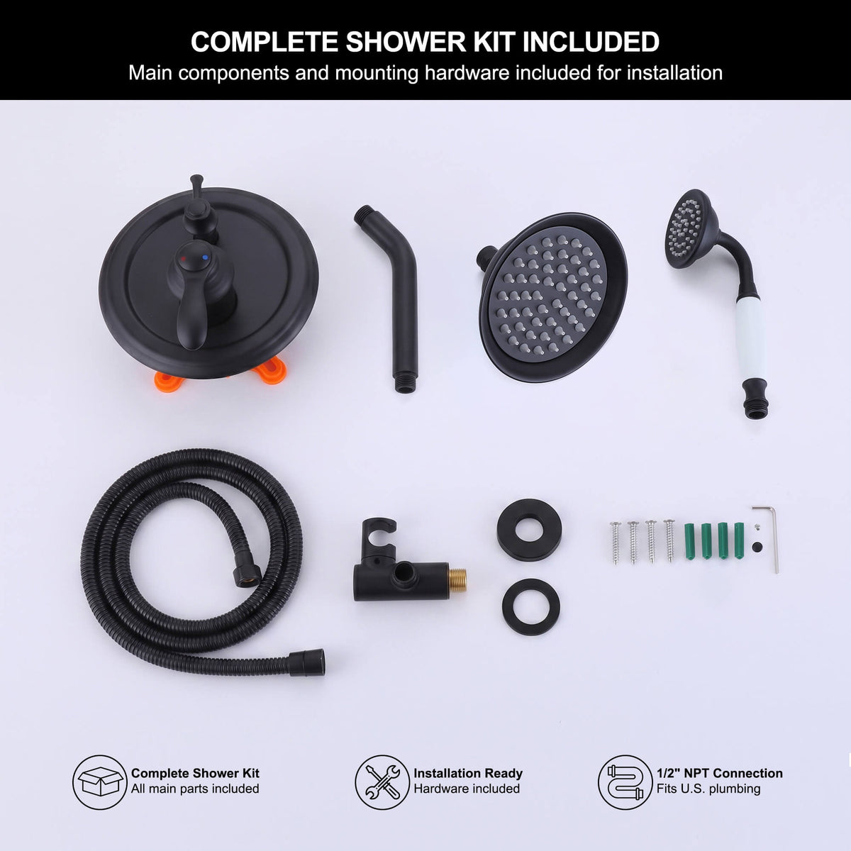 Complete matte black rain shower faucet set with shower head, handheld shower, hose, valve and installation hardware