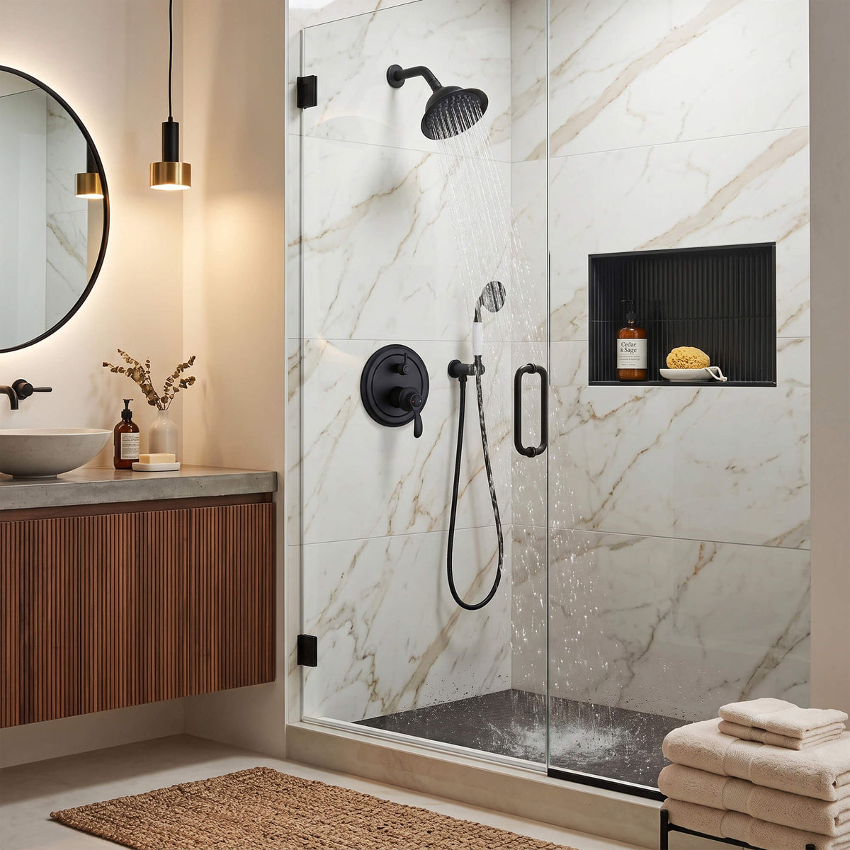 Matte black rain shower system with handheld shower and concealed shower valve installed in a modern bathroom
