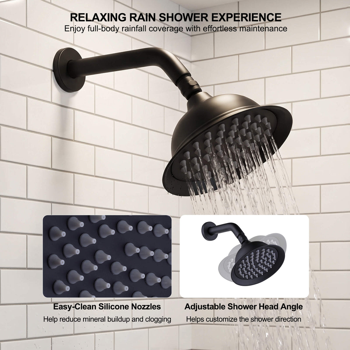 Matte black rain shower head with easy-clean silicone nozzles and adjustable shower head angle