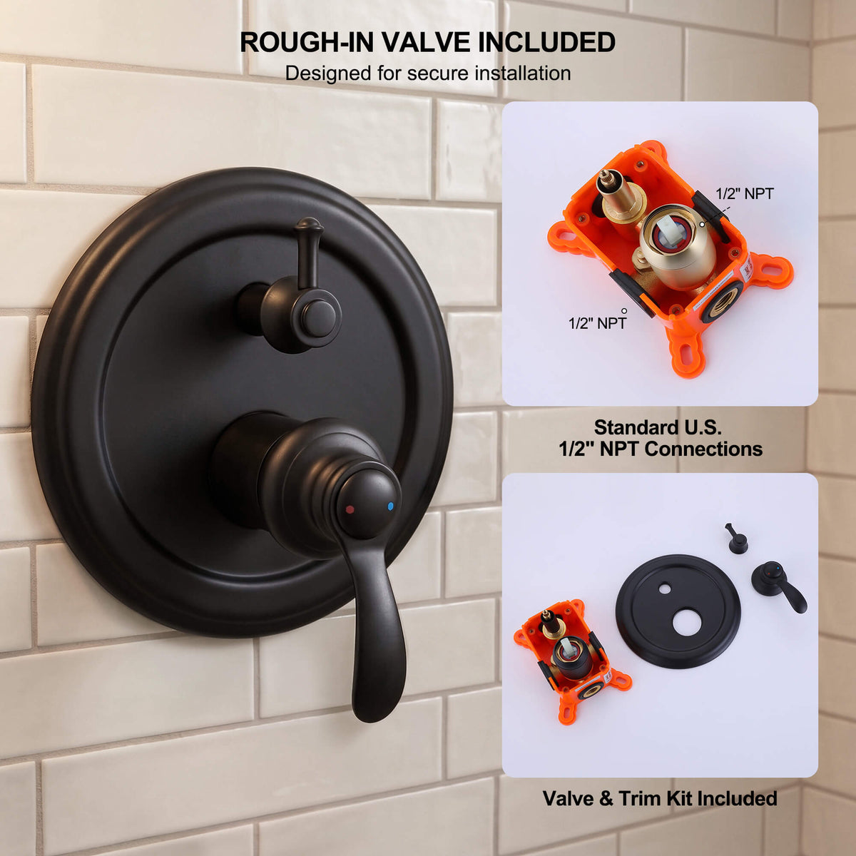 Matte black shower faucet trim kit with concealed rough-in valve and standard 1/2 inch NPT connections