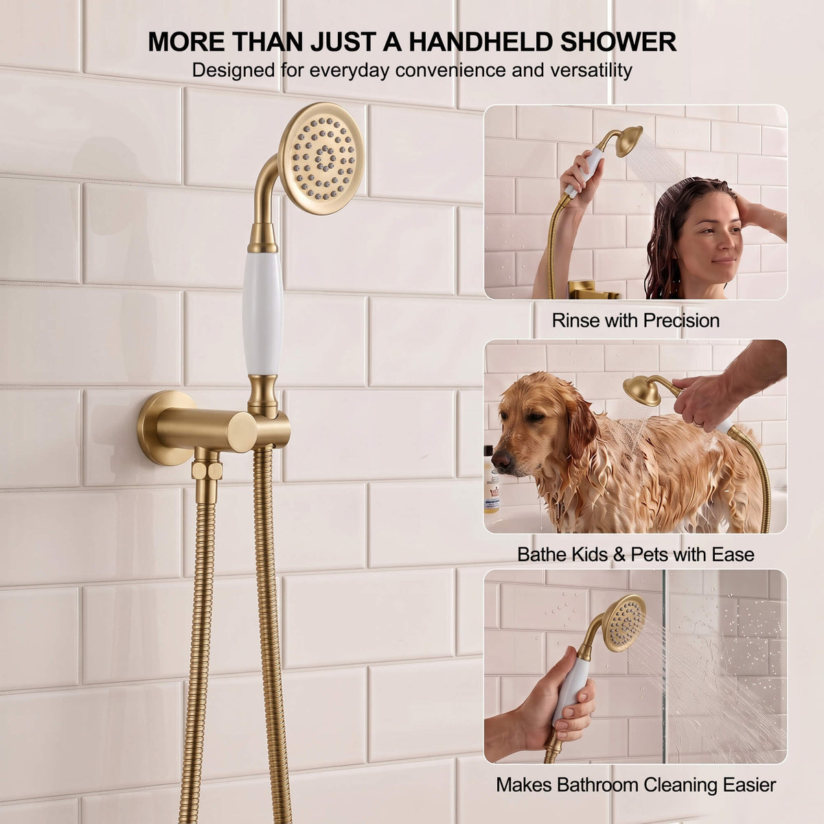 Brushed gold handheld shower head for hair rinsing, bathing pets and everyday bathroom cleaning