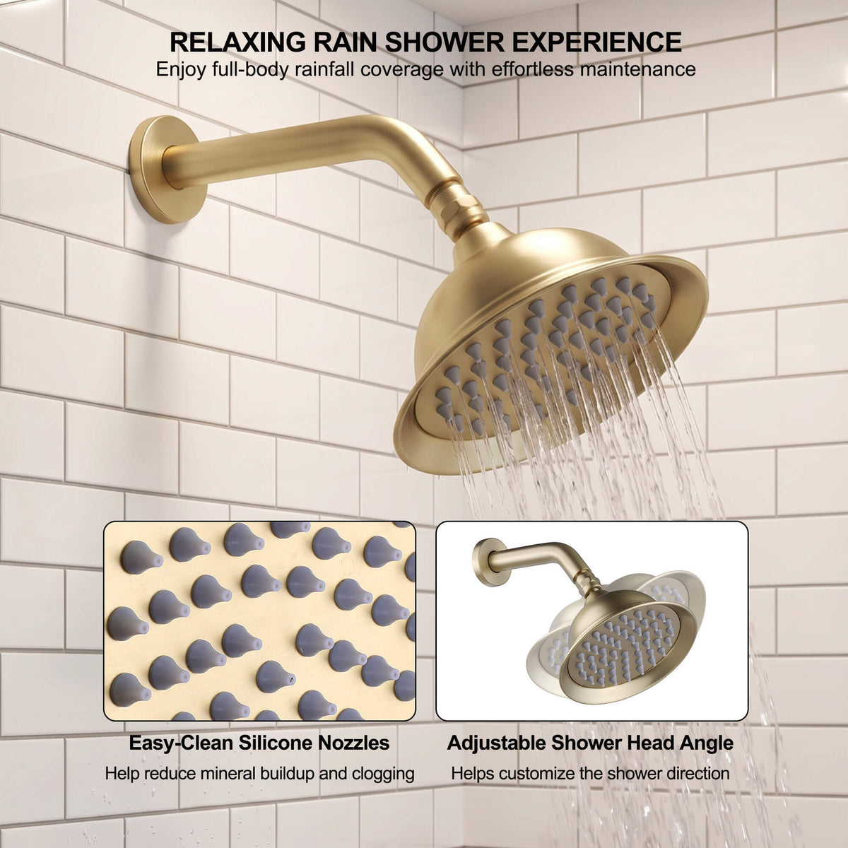 Brushed gold rain shower head with easy-clean silicone nozzles and adjustable shower head angle