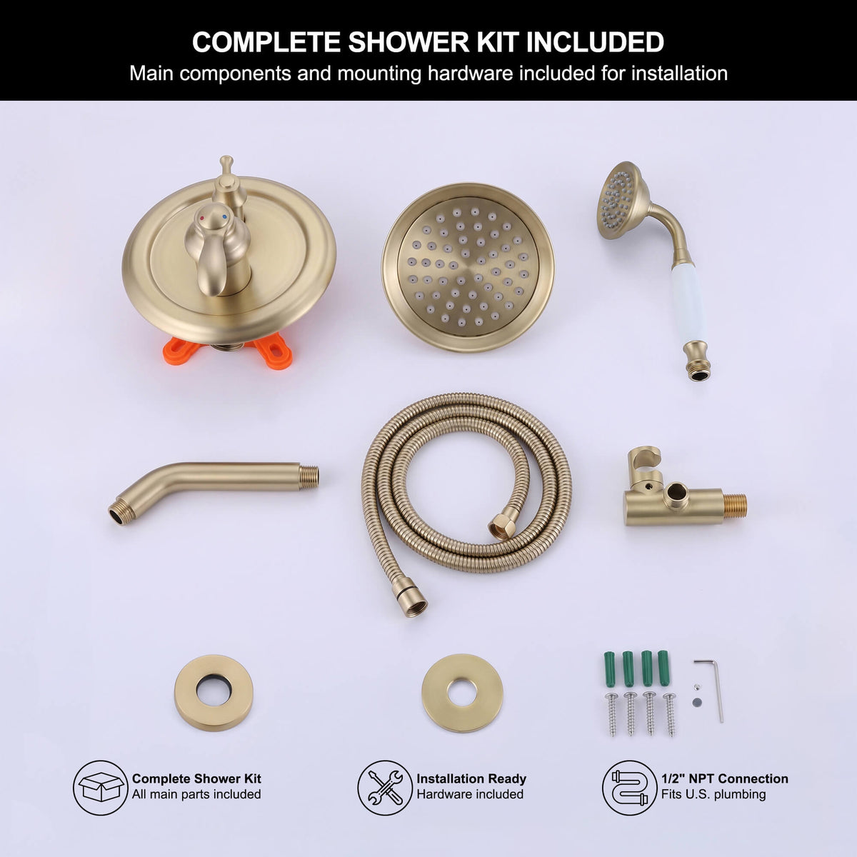 Complete brushed gold rain shower system with shower head, handheld shower, hose, valve and installation hardware