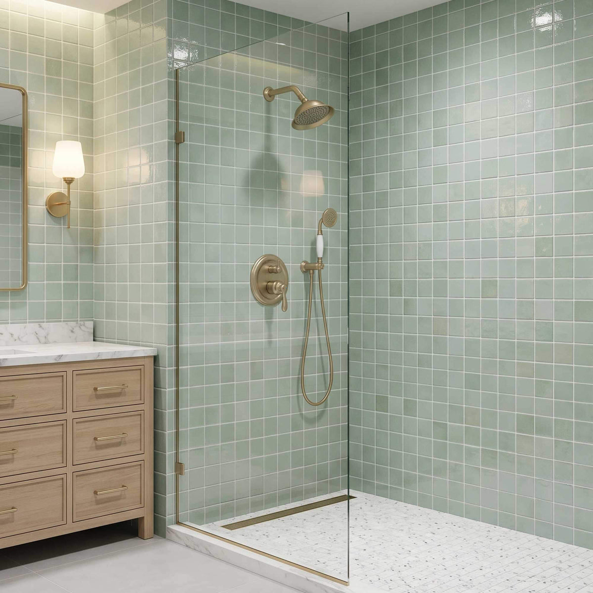 Brushed gold rain shower system with handheld shower and concealed shower valve installed in a modern bathroom