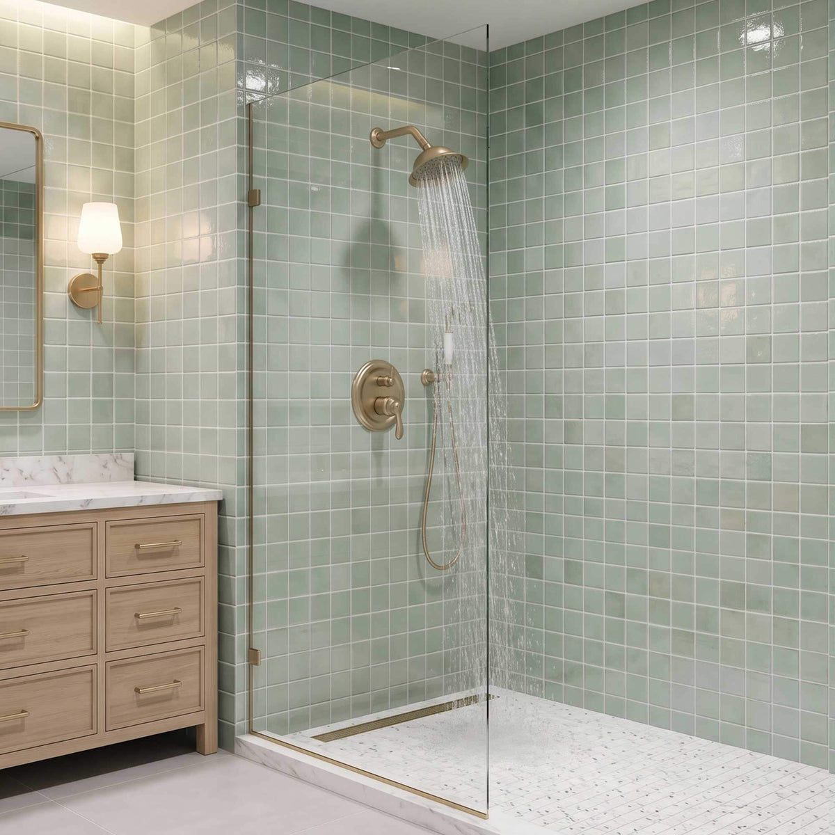 Brushed gold rainfall shower system with overhead rain shower and handheld shower in a modern walk-in bathroom
