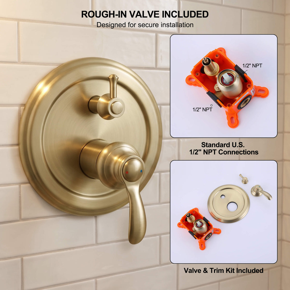 Brushed gold shower valve trim kit with concealed rough-in valve and standard 1/2 inch NPT connections